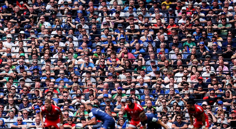 Fans watch the Champions Cup final between Leinster and Toulouse at 
Tottenham Hotspur Stadium in London. Photograph: James Crombie/Inpho