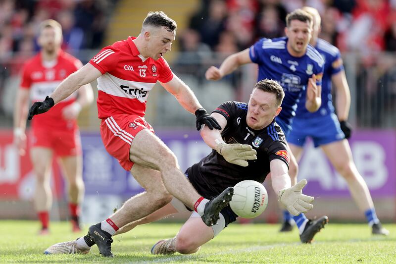 Monaghan goalkeeper Rory Beggan makes a rare appearance between the posts to save a shot from Derry's Niall Toner. Photograph: Laszlo Geczo/Inpho