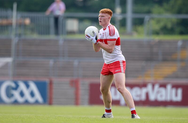 Jude McAtamney in action for Derry in the 2018 Ulster U20 Football quarter-final against Donegal in Omagh. Photograph: Tommy Dickson/Inpho