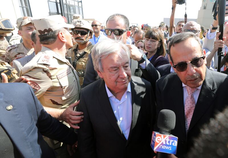 UN secretary-general António Guterres visits the border gate between Egypt and Gaza, in Rafah, Egypt. Photograph: EPA