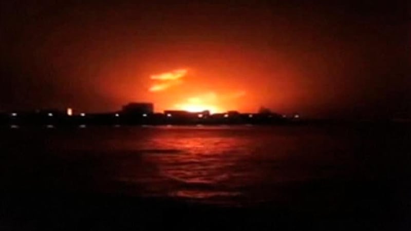 Indian Navy submarine INS Sindhurakshak is on fire in Mumbai in this still image taken from a video. 18 sailors are understood to be onboard the vessel. Photograph: AMVID via Reuters TV.