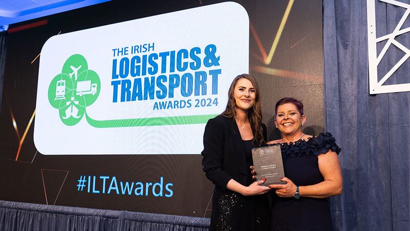 Shauna Greene, senior recruitment consultant (Driver Division),  ISM Recruitment presents the women in logistics & transport award to Edith Denieffe, Crane Worldwide Logistics