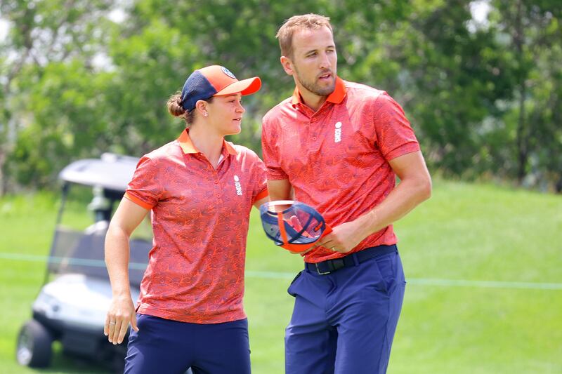 Ash Barty and Harry Kane during the ICON Series at Liberty National Golf Club. Photograph: Mike Stobe/Getty