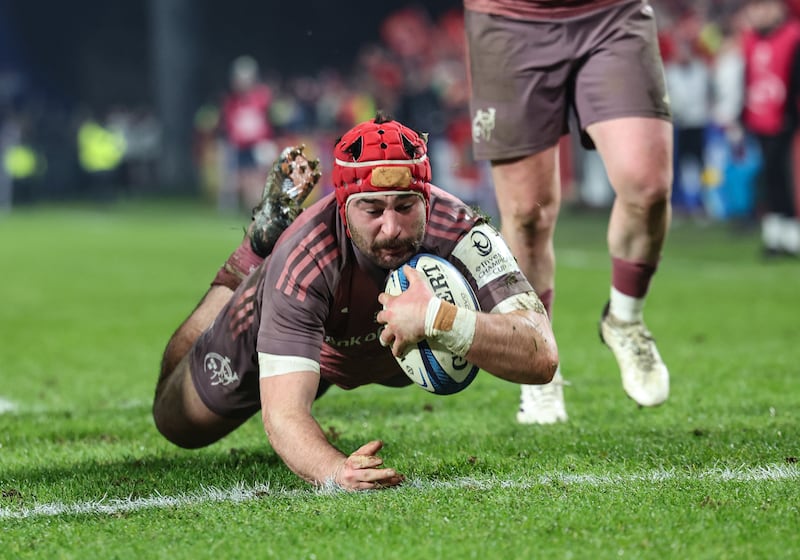 Munster’s John Hodnett scores a try against Saracens at Thomond Park. His impact from the bench proved key as Munster showed their traditional grit and determination to find a way to victory. Photograph: Billy Stickland/Inpho 