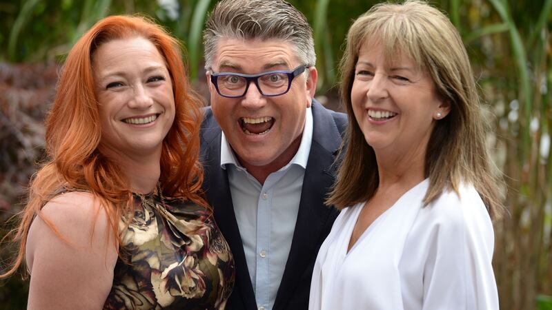 Smalltown’s Pat Shortt with Celebrity Masterchef contenders, Niamh Kavanagh and Evelyn Cusack, at the launch of TV3’s Autumn schedule in Dublin. Photograph: Dara Mac Dónaill/The Irish Times