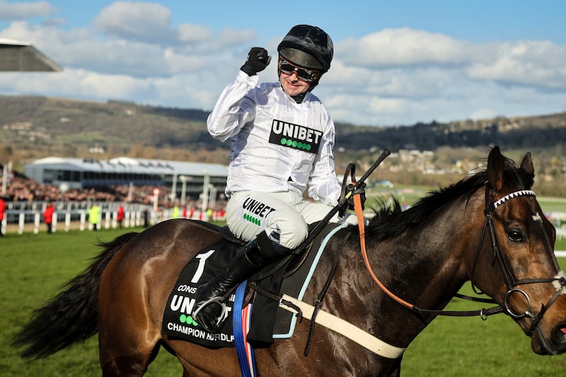 Jockey Nico de Boinville onboard Constitution Hill celebrates winning the Champion Hurdle at Cheltenham in 2023. Photograph: Tom Maher/Inpho 