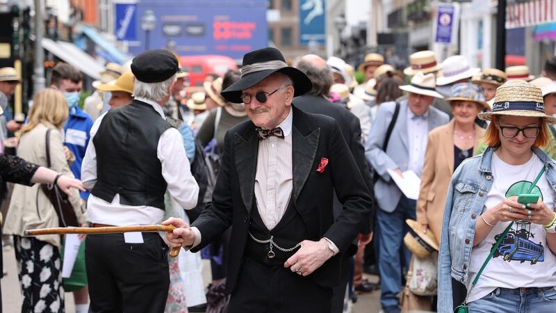 Dermod Lynskey as Joyce during the Bloomsday celebrations outside Davy Byrne’s pub in Dublin city centre on Wednesday. Photograph: Nick Bradshaw for The Irish Times