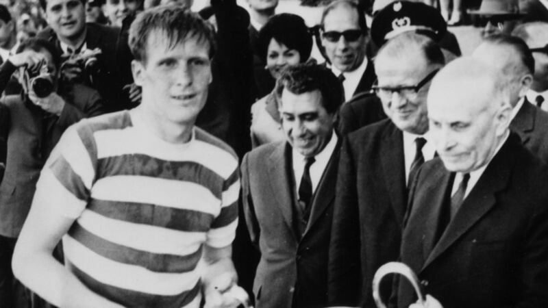 Celtic’s Billy McNeill of Celtic receives the European Cup trophy from the president of Portugal after the Scottish side’s 2-1 victory over Inter Milan in Lisbon in the European Cup final of 1967.  Photograph:  Central Press/Getty Images