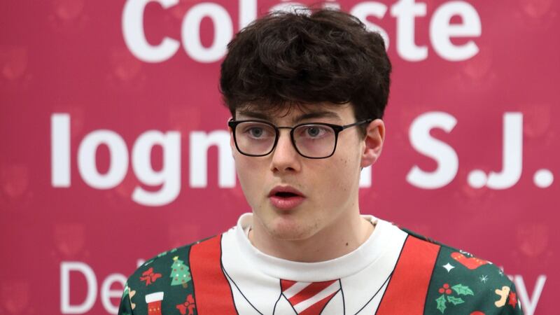 Conor O’Sullivan, a sixth-year student, speaking during a debate at Coláiste Iognáid. Photograph: Joe O’Shaughnessy