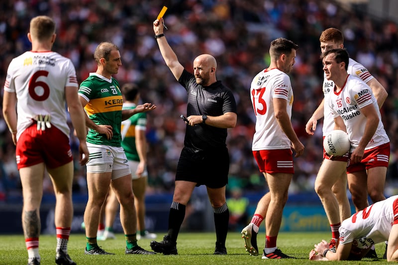 Kerry's Stephen O'Brien receives a yellow card from Referee Brendan Cawley. Photograph: Ben Brady/Inpho