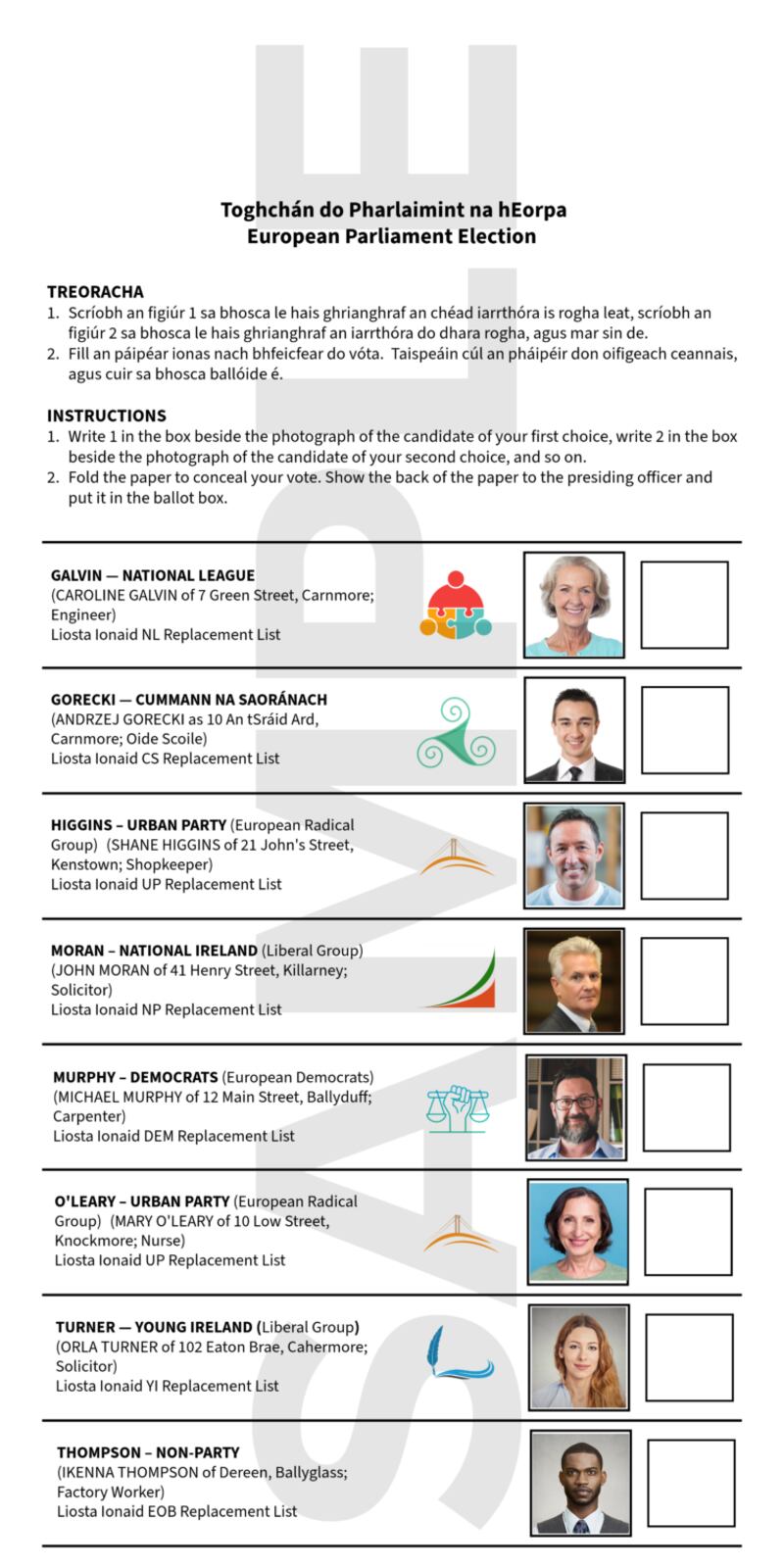 A sample ballot paper published by An Coimisiún Toghcháin