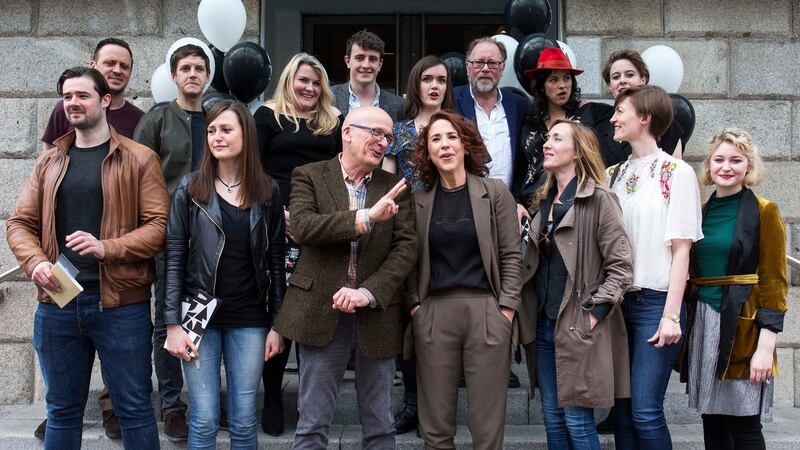 Selina Cartmell  at the launch of her inaugural season at the Gate Theatre with artistic collaborators including, from left to right,  back row:  Ray Scannell (actor), Emmet Kirwan (actor and writer), Nancy Harris (playwright), Paul Mescal (actor), Aoibheann McCann (actor), Owen Row (actor), Camille O’Sullivan (singer), Oonagh Murphy (director). Front row: Gerard Kelly (actor), Clare Dunne (actor), Roddy Doyle (writer), Selina Cartmell, Annabelle Comyn (director), Rachel O’Byrne (actor) and Katie Davenport (designer in residence at the Gate Theatre).