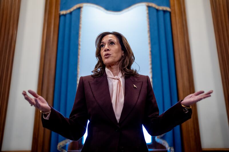 US vice-president Kamala Harris speaks to reporters after certifying the electoral college vote for the 2024 presidential election at the US Capitol on Monday in Washington, DC. Photograph: Andrew Harnik/Getty Images