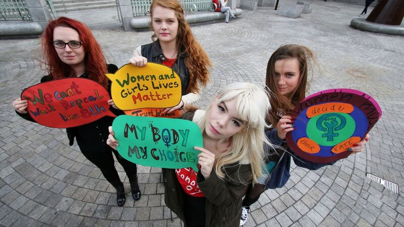 Annie Hoey, Rosa Whelan, Leia O’Mahony and Larah Daniel outside Central Bank before the Abortion Pill Bus left Dublin. Photograph: Nick Bradshaw