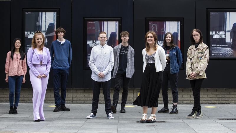 From left to right: Selina Xu, Emily Murray Nelson, Joe Reidy, Louí Montague, Michael Lavery, Aisling Murphy, Éadaoin O’Neill and Ray McHallem outside the Abbey Theatre in Dublin. Photograph: Damien Eagers