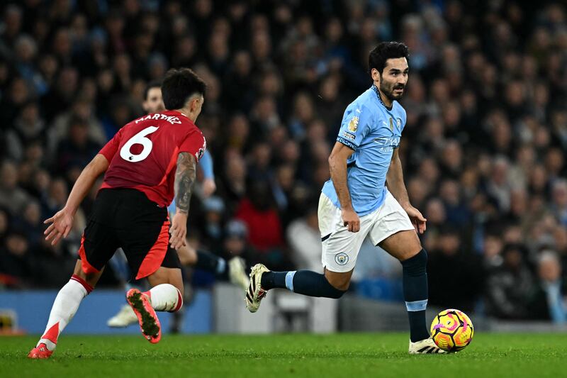 Manchester City's German midfielder likay Gundogan in action during the Manchester derby at the Etihad Stadium. Photograph: Paul Ellis/AFP  via Getty Images