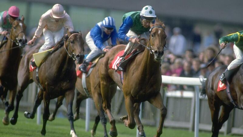 Lester Piggott winning the 1992 Newmarket 2,000 Guineas  on Rodrigo De Triano, his 30th Classic win. Photograph: Chris Cole/Allsport