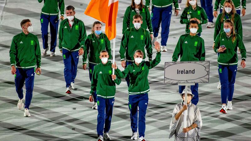 Kellie Harrington and Brendan Irvine lead Team Ireland during the opening ceremony. Photograph: Morgan Treacy/Inpho