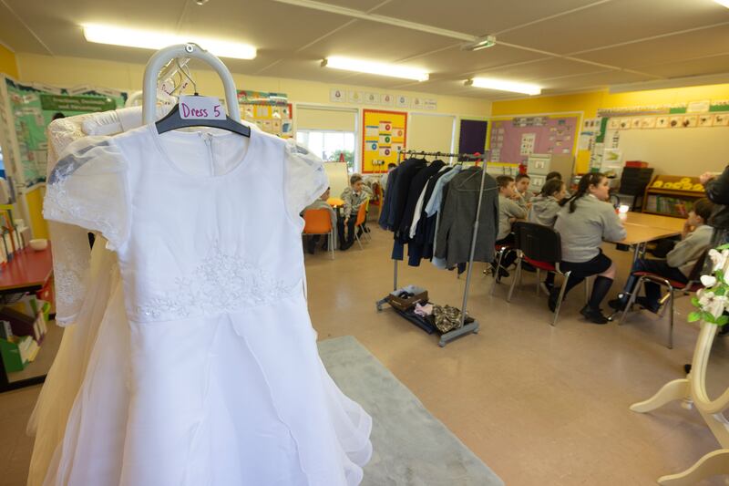 At Sacred Heart Primary School in Derry, the corner of a classroom has been transformed into a First Holy Communion boutique. Photograph: Joe Dunne