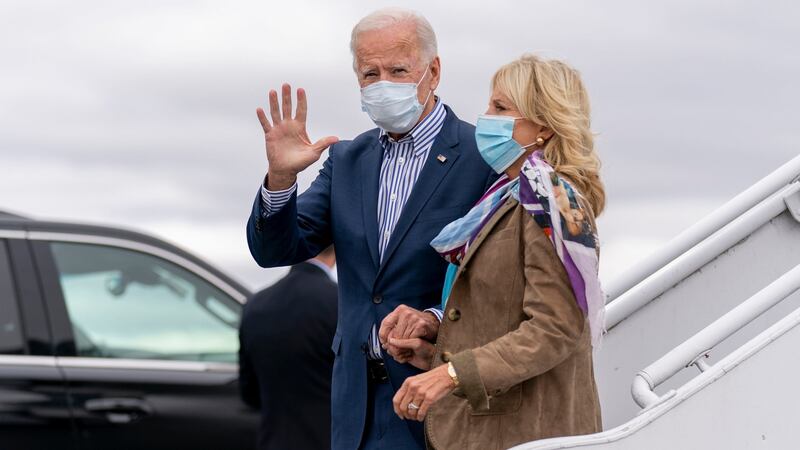 Democratic presidential candidate Joe Biden and his wife Jill Biden arrive at Wilkes-Barre Scranton International Airport in Avoca on Saturday. Photograph: Andrew Harnik/AP