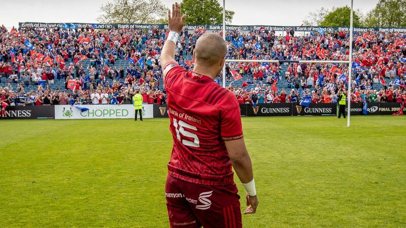 Munster’s Simon Zebo waves to the crowd after his last game for the province. Photograph: Morgan Treacy/Inpho