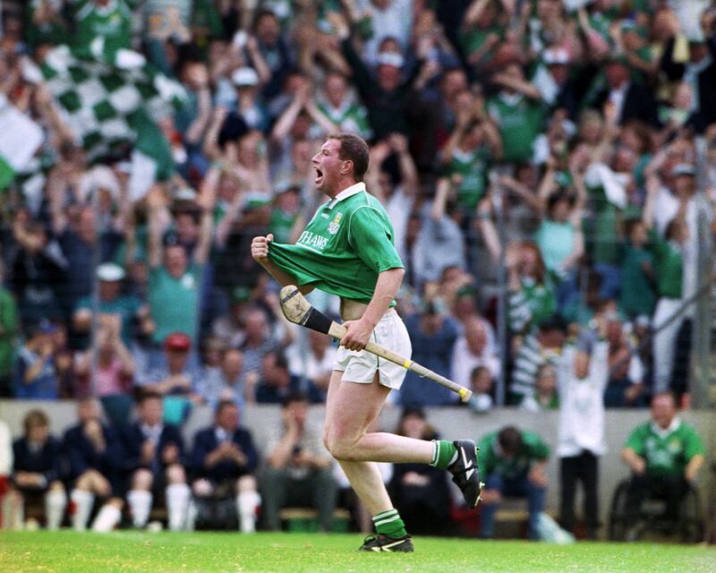 Limerick's Frankie Carroll celebrates Limerick's Munster final replay win over Tipperary in Cork in 1996. Photograph: Tom Honan/Inpho 