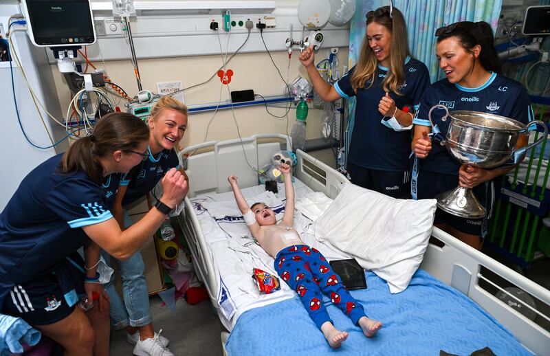 Noah Quish (6) from Limerick with Orlagh Nolan (left), Carla Rowe, Grainne Fitzsimons and Leah Caffrey. Photograph: David Fitzgerald/Sportsfile