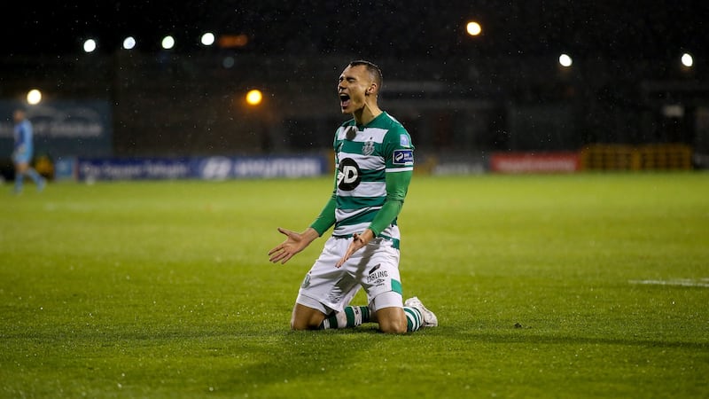 Shamrock Rovers’ Graham Burke celebrates scoring his fifth goal against Cork. Photograph: Tommy Dickson/Inpho