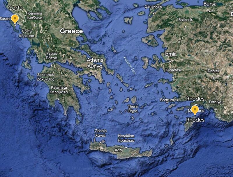 Corfu and Rhodes have suffered wildfires severely disrupting life and tourism on the islands. Image: Google Earth