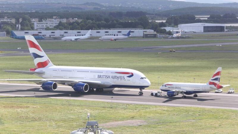 Big brother: the Airbus A380 at Shannon Airport this week, nose to nose with its smallest sibling, the A318