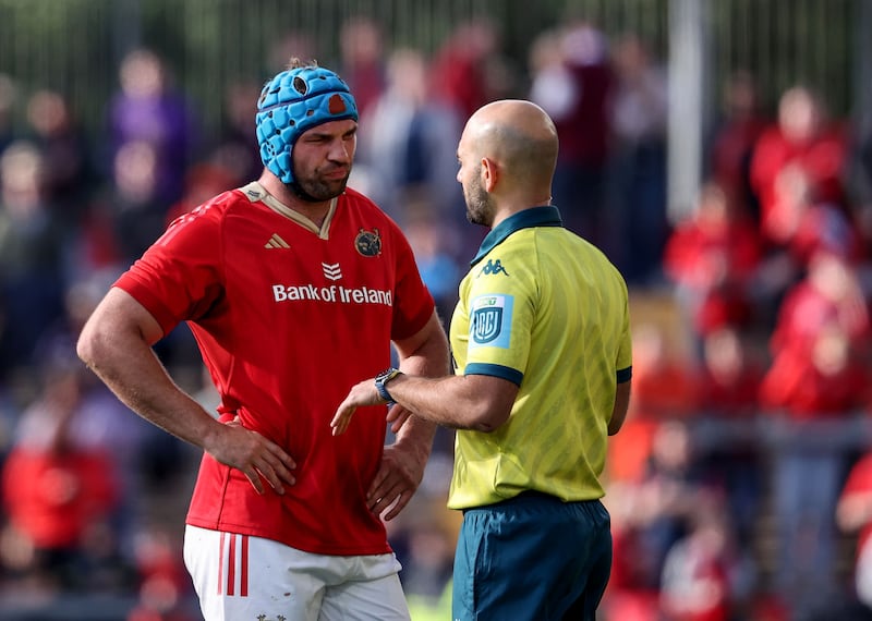 Munster's Tadhg Beirne and referee Andrea Piardi during the province's match against Glasgow Warriors. Photograph: Dan Sheridan/Inpho