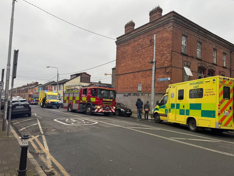 Gardaí and emergency services at the scene in Oxmantown Road, just off the North Circular Road, on Sunday afternoon. Photograph: Conor Pope