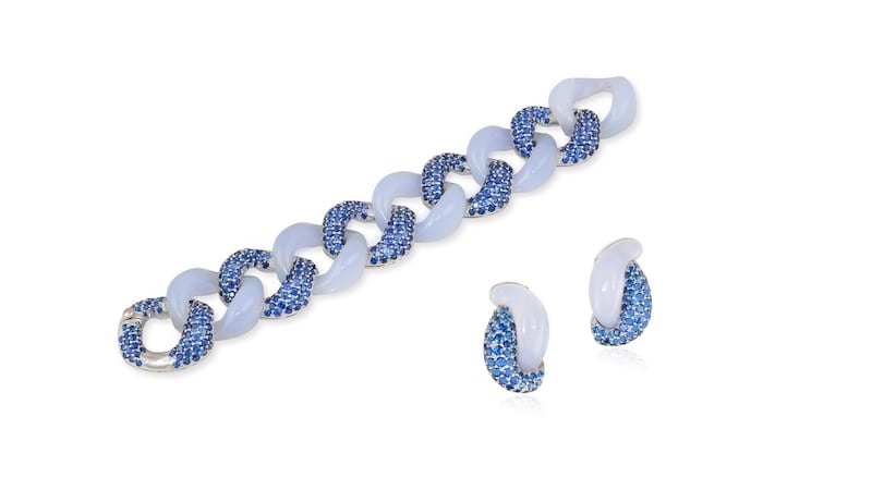 lot 111, sapphire and blue chalcedony bracelet and earclips by Seamen Schepps