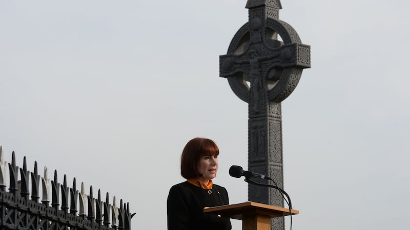 Minister for Heritage Josepha Madigan addresses a ceremony marking the 103rd anniversary of the Easter Rising, at Glasnevin Cemetery. Photograph: Alan Betson/The Irish Times