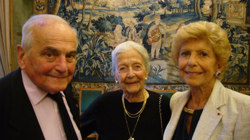 Writer Michel Déon celebrates his 95th birthday at the Académie française with his wife Chantal and the perpetual secretary of the Académie, Hélène Carrére d’Encausse. Photograph: Lara Marlowe