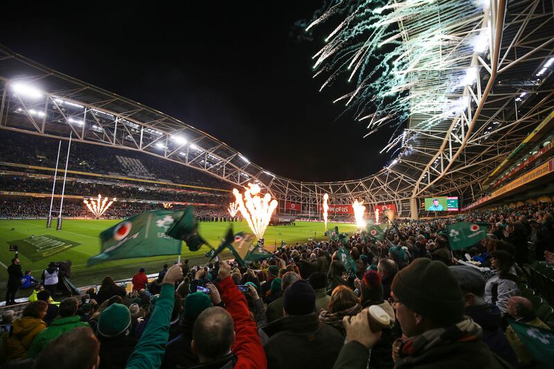 Fireworks as Ireland and South Africa run out at the Aviva. The IRFU is keen to embellish the match-day experience for fans. Photograph: Oisin Keniry/Inpho