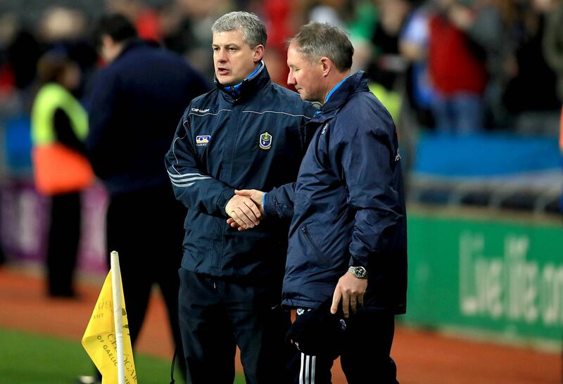 Kevin McStay shakes Jim Gavin’s hand after his Dublin team had beaten Roscommon to break the record. Photo: Inpho