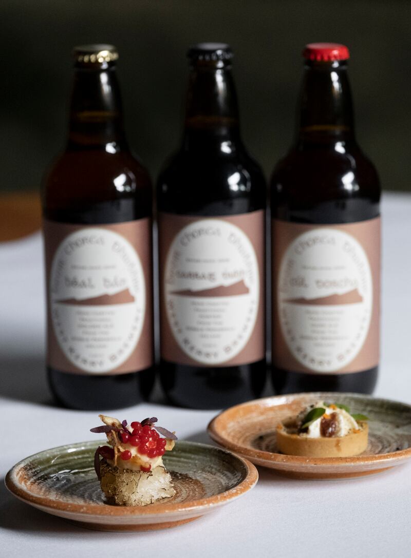 Beal Bán from Beoir Chorcha Dhuibhne; Ballylisk Triple Rose, balsamic caviar, pan de cristal; and Aran Island cranberry honey goats' cheese, balsamic bramley apple chutney at the Irish Food Writers Guild Awards 2023. Photograph: Paul Sherwood