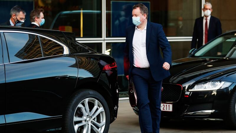 Britain’s chief negotiator David Frost leaves EU headquarters after meeting European Commission’s Head of Task Force for Relations with the United Kingdom Michel Barnier in Brussels on Friday. Photograph: Francisco Seco/AP.