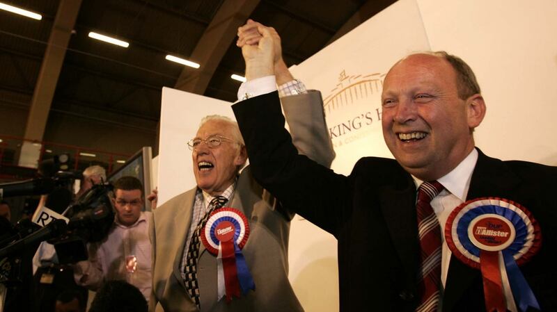 Ian Paisley snr with DUP European election winner Jim Allister at the count centre in Belfast, June 2004.  Photograph: Dara Mac Dónaill