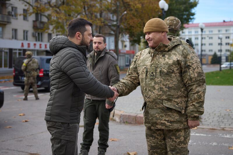 Ukrainian president Volodymyr Zelenskiy during his visit to Kherson on Monday. Photograph: AP/PA