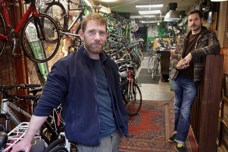 Cliff Nolan and Pawel Naczke, owners of the Bike Stop Dublin shop on Capel Street. Naczke also owns Vintage Dublin on the same street. Photograph: Chris Maddaloni