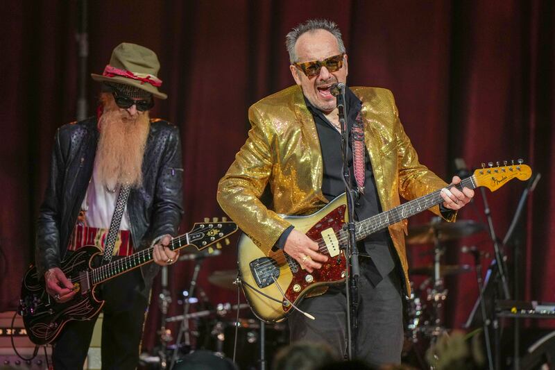 Elvis Costello 's performs with ZZ Top's Billy Gibbons (left) at a Musician Treatment Foundation benefit concert in Nashville, Tennessee in March. Photograph: Ed Rode/Getty Images