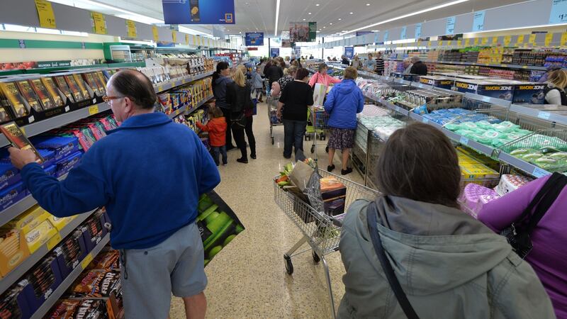 Shoppers at the Aldi store in Sallynoggin, Co Dublin. The company has accused its rivals of using planning ‘obstruction’ to deny consumers choice and market share. Photograph: Alan Betson