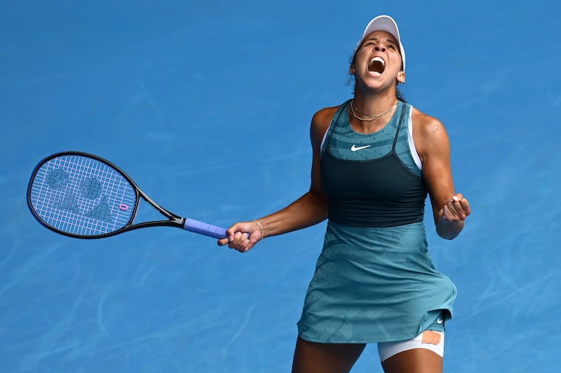 Madison Keys of the United States celebrates winning match point against Elina Svitolina of Ukraine in the women's singles quarter-final at the Australian Open. Photograph: Quinn Rooney/Getty Images