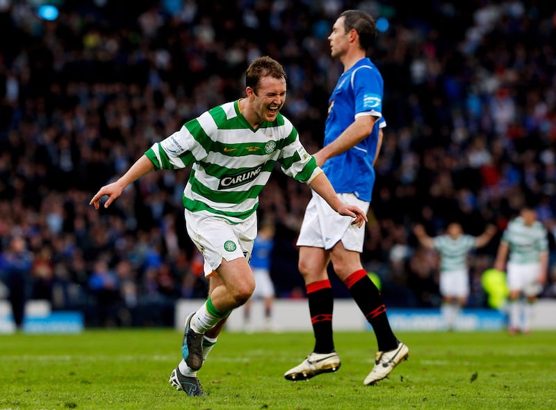 Aiden McGeady celebrates after scoring Celtic's second goal during the CIS Insurance Cup Final against Rangers at Hampden Park in March 2009. Photograph: Stu Forster/Getty Images