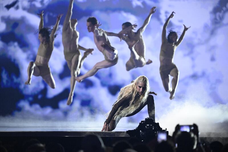 Raiven representing Slovenia with the song Veronika performing earlier this week. Photograph: Jessica Gow/AFP via Getty