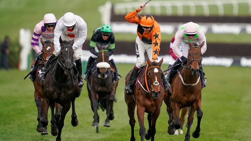 Jockey Aidan Coleman (second from right) riding Put The Kettle On in the  Queen Mother Champion Chase at Cheltenham back in March. Photograph: Alan CrowhurstAFP via Getty Images