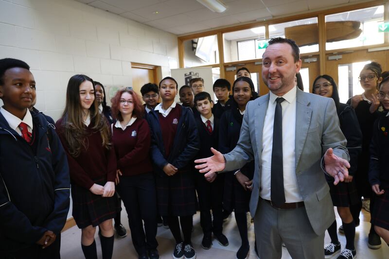 Adamstown Community College principal Adrian Flynn speaking with some of the school's 980 students. Photograph: Bryan O’Brien