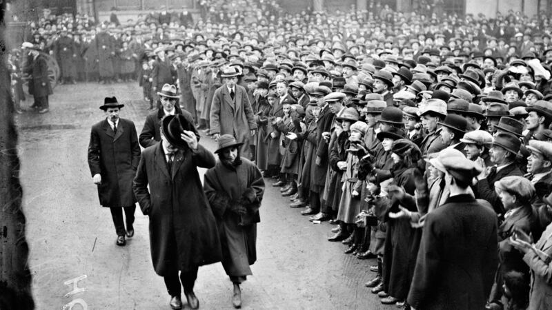 Sinn Féin delegates entering the Mansion House, Dawson Street, Dublin,  to attend the first sitting of the first Dáil Éireann on January 21st, 1919. Photograph: National Library